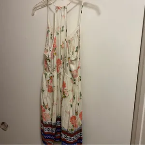 Chloe K Womens Mini Dress XL 38” Beige Pleated Floral Boho Print Blue Orange thumbnail 7