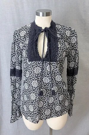 Tory Burch Navy White Geometric Crochet Tassel Blouse Size 10 Cotton Boho‎ Top thumbnail 1