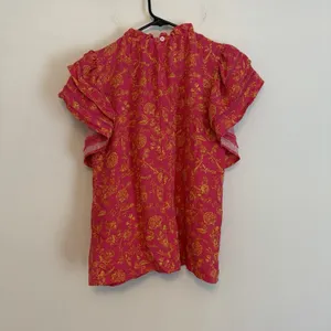 Oddi Small Rayon Blouse Ruffle Sleeve High‎ Neck Pink Orange Floral Feminine thumbnail 5