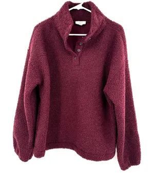 Loft Size Large Sweater Red Fleece Pullover 1/4 Snap Long‎ Sleeve Outerwear NWT thumbnail 1