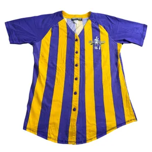 Fido Dido Baseball Jersey Women Medium Vintage 90s Y2K Purple Yellow Striped USA thumbnail 1