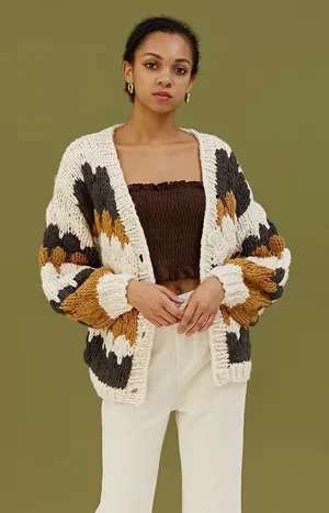 CHICWISH Color Block Hand Knit Chunky Cardigan Sweater Smoke Medium Large thumbnail 1
