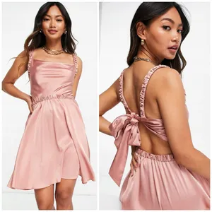 ASOS Design Blush Mauve Pink Satin Mini Dress 14 XL Cut Out Bow Back Skater thumbnail 2