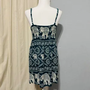 Boho Elephant Print Sundress Dress Size‎ S Teal Cream Smocked Back Mini Thailand thumbnail 5