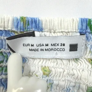Zara Linen Blend Floral‎ Crop Top Puff Sleeve Smocked White Blue Women's M thumbnail 4