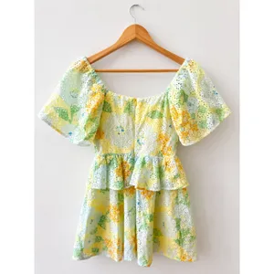 Sabo Skirt Floral Eyelet Mini Dress Size S US 4 Yellow Green Puff Sleeve Ruffle thumbnail 2