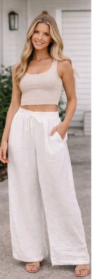 High-Rise White Wide-Leg Linen Blend Pants thumbnail 1