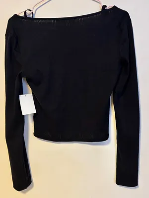 Sugar Moon Layered Look Pointelle Knit Long Sleeve Crop Top Shirt Black Medium thumbnail 3