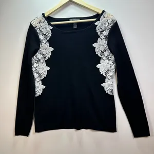 INC International Concepts Black Floral Lace Crochet Long Sleeve Sweater Large thumbnail 1