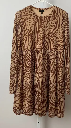 AFRM M Brown Animal Print Babydoll Dress Mesh Tiered Long‎ Sleeve thumbnail 1