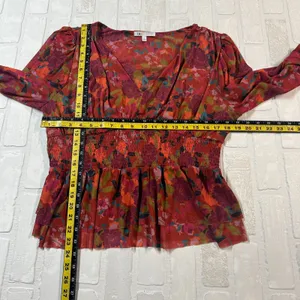 DR2 Babydoll Blouse Womens XL Smocked‎ Waist Peplum Stretch Floral Peasant Boho thumbnail 3