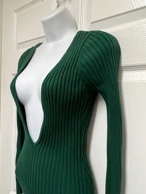 Hunter Green Deep V Neck Ribbed Dress thumbnail 6