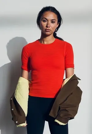 CALIA Seamless Crop Tee Elbow Sleeve Red XS Ribbed Sporty NEW thumbnail 1