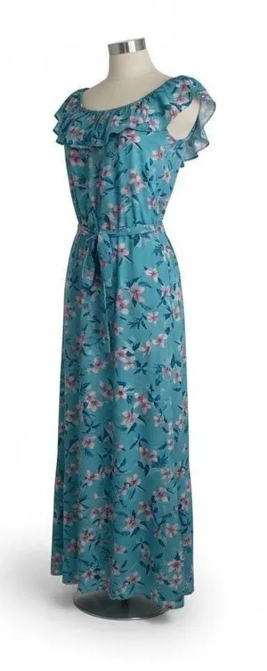 Vintage Hilo Hattie Hawaii Floral Maxi Dress Off Shoulder Ruffle Blue Purple M‎ thumbnail 1