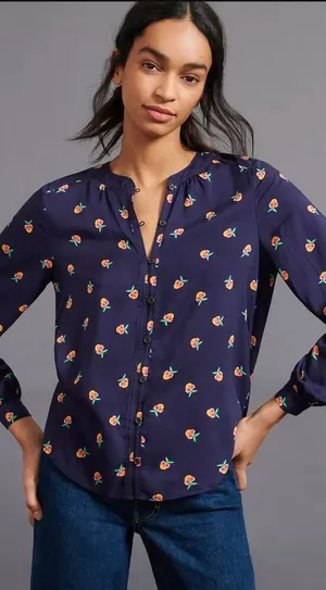 Anthropologie Kendra Dandy Dreamer Buttondown Top Blouse Pineapple Navy Blue‎ 12 thumbnail 1