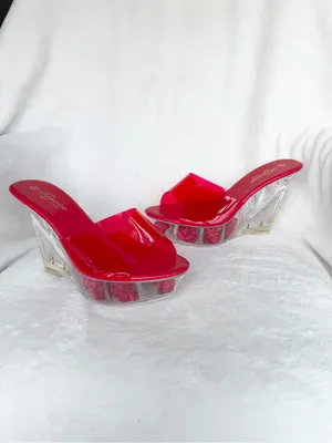Red Clear Wedge Slide Sandals with Rose thumbnail 2