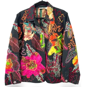 CHICO'S M embroidered applique denim button-up jacket blazer Mixed Media Art thumbnail 1