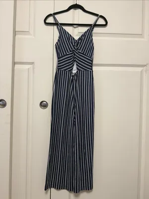 Hollister Navy & White Vertical-Striped Knot Waist Jumpsuit thumbnail 3