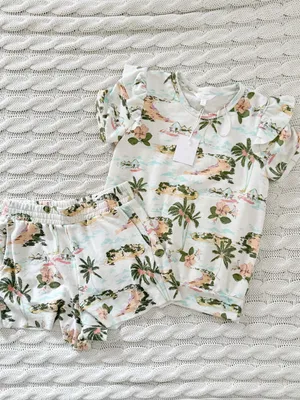LC Lauren Conrad Cream Tropical Print Short Sleeve Top & Shorts Set thumbnail 2