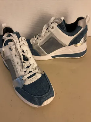 Michael Kors women denim and White leather platform Georgie trainer sneakers 7 thumbnail 1