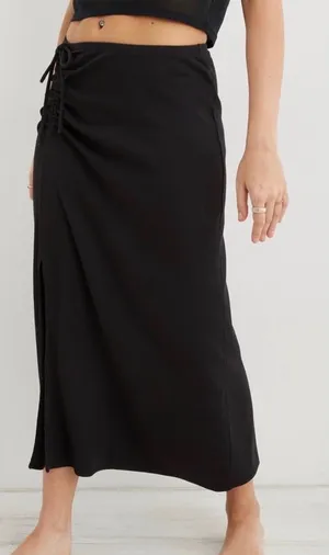 Aerie Women Black Beachwalk Ribbed Ruched Side Slit Midi Skirt XL NWT thumbnail 1