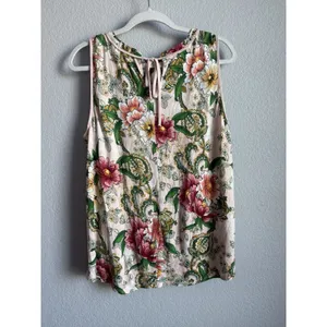 Ann Taylor LOFT Floral Sleeveless Blouse Botanical Cottagecore Boho Top Large Back Tie thumbnail 5
