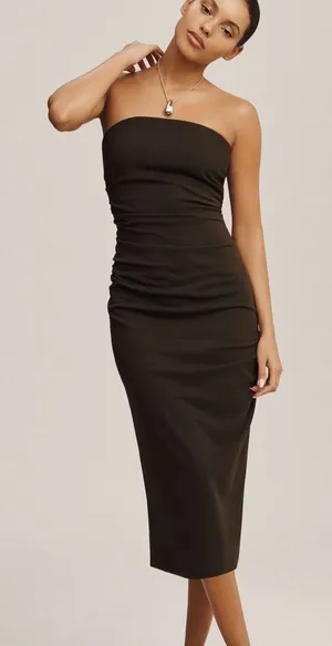 BHLDN Hayden Strapless Stretch Crepe Midi Dress Brown,‎ Size XL thumbnail 1