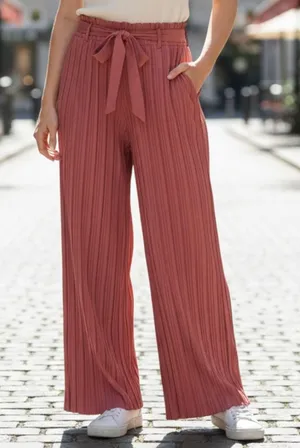 Pink Stripe Belted Wide Leg‎ Boho Pull On Straight Leg Trousers Pant S Small thumbnail 1