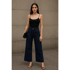 Zara Woman High Waist Wide Leg Crop Jeans Dark Indigo Raw Hem Rigid Denim Size 1 thumbnail 8