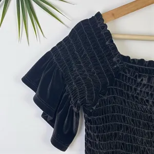 Urban Outfitters Clara Off-The-Shoulder Smocked Velvet Dress in Black thumbnail 12