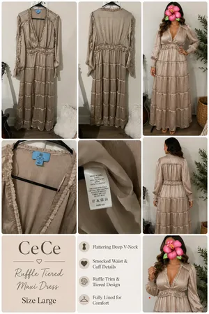 CeCe Ruffle Long Sleeve Satin Maxi Dress, Champagne, V-neck, stiered ruffles. L. thumbnail 2