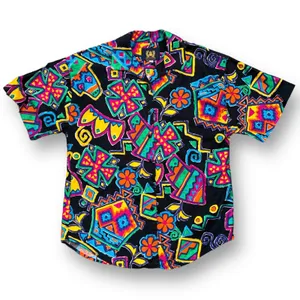 Vintage‎ Shirt Black Rainbow Floral Abstract Art Button Up Unisex Maximalist thumbnail 1