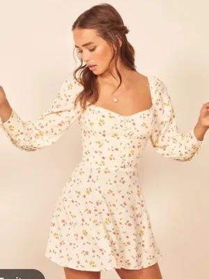 Reformation hooman long sleeve Cream Mini Dress with Dainty Floral Print size 6 thumbnail 1