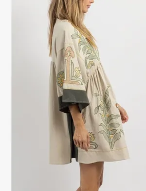 Womens Oversized Embroidered Dress with V-Neck and 3/4 Sleeves Vintage Embroidery Babydoll Dress thumbnail 3