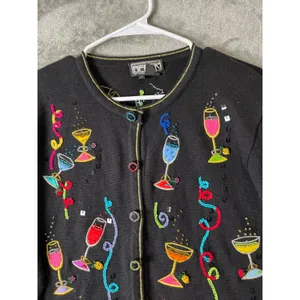 Vintage 90s Black Cocktail Martini Embroidered Cardigan Quirky Sweater Large thumbnail 2