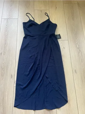 Lulus NWT Reinette Navy Blue Midi Dress Spaghetti Strap Wrap Front Slit Size XL thumbnail 10