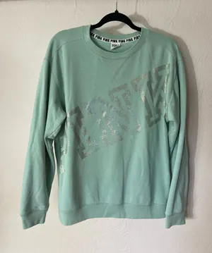 PINK Victoria's Secret Mint Green Crewneck with Silver Sparkle Logo thumbnail 1