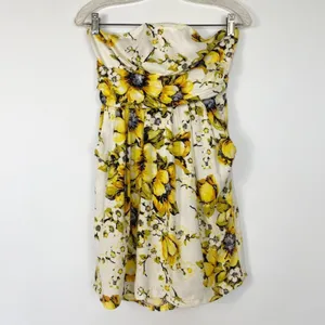 Forever 21 Flower Print Strapless Mini Dress Cream Yellow Sundress Womens L thumbnail 2