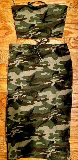 Revamped NWOT Y2K ARMY PRINTED 2 Piece Outfit lace up Tie tube Crop Top& skirt M thumbnail 6