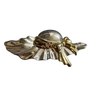 Vintage Two-Tone Wide Brim Sun Hat Brooch with‎ Rhinestone Accents & Gold Bow thumbnail 2