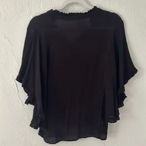 Black gauze lettuce trim button down flowy butterfly sleeve blouse thumbnail 4