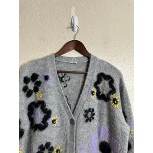Miu Miu Flower Intarsia Cardigan in Grey Soft Fuzzy Mohair Womans 42/ US 6 thumbnail 8