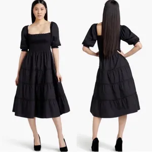 Hill House Nesli Nap Dress Short Puff Sleeve Swiss Dot Tiered Midi Black Small S thumbnail 2