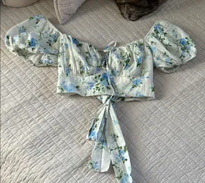 Altar'd State white blue floral romantic Milk made cottage puff sleeve crop S​ thumbnail 1