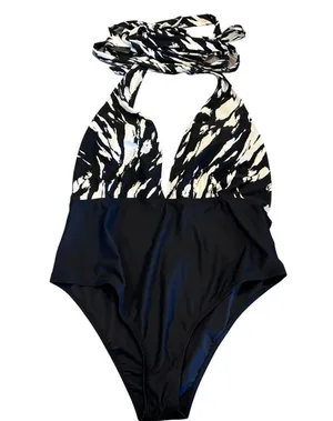 Women’s New Cupshe black white print halter tie one piece swimsuit size xl thumbnail 2