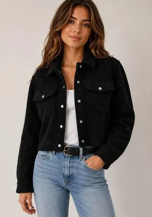 Love Tree Black Snap Closure Collared Shacket Semi Crop Size Large #400 thumbnail 1
