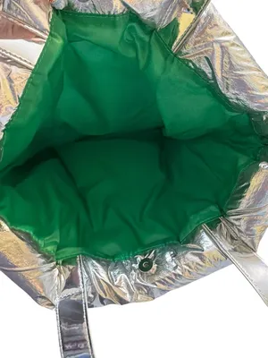 Clinique Silver Metallic Puffer Style Tote Green Interior Snap Closure NWOT thumbnail 5