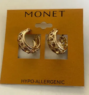 Monet yellow gold-tone crescent hoop earrings Hypoallergenic NEW thumbnail 1