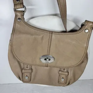 Fossil Maddox Leather Saddle Bag Taupe Tan Shoulder Turn Lock Flap Crossbody Y2K thumbnail 13