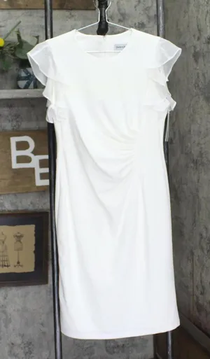 NWT Shelby & Palmer Womens Chiffon Sleeve Knit Ruched Front Dress White 6 thumbnail 1